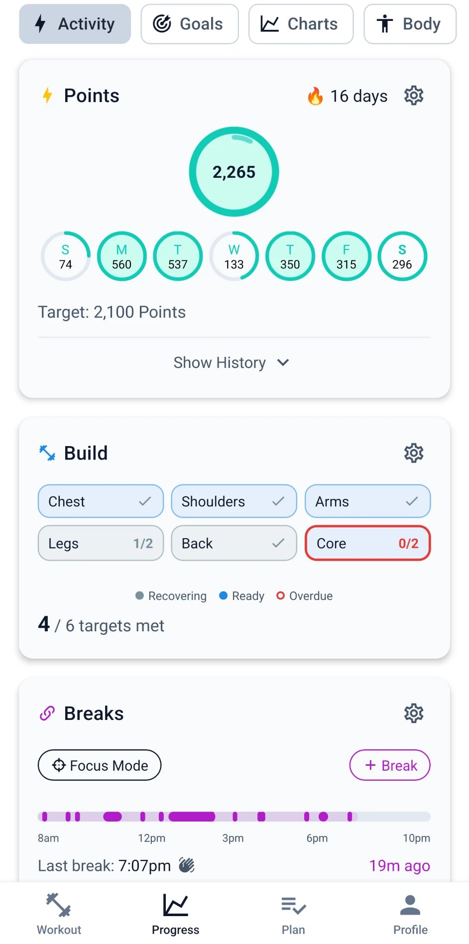FitSum app screen showing weekly Activity Points, movement Breaks timeline and Build muscle-group goals